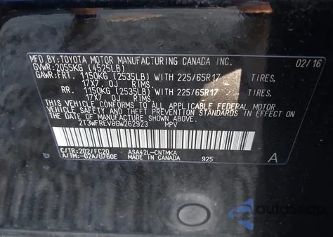 2016 Toyota Rav4 Xle from USA, damaged, VIN 2T3WFREV8GW262923